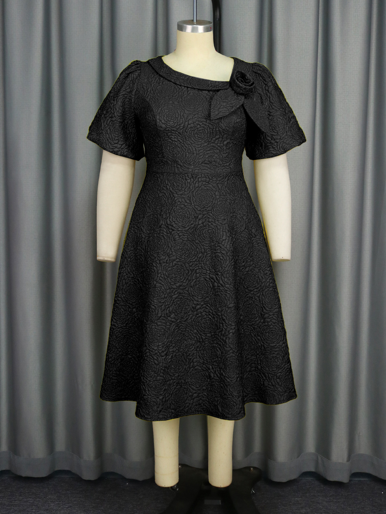 Plus-Sizes Elegant Jacquard Rose A-line Dress with Asymmetric Bow Neckline - Perfect for Wedding & Cocktail Parties AM040856	-UGENA FASHION