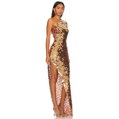 Stunning Copper Sequin One-Shoulder Gown with High Slit Z0033