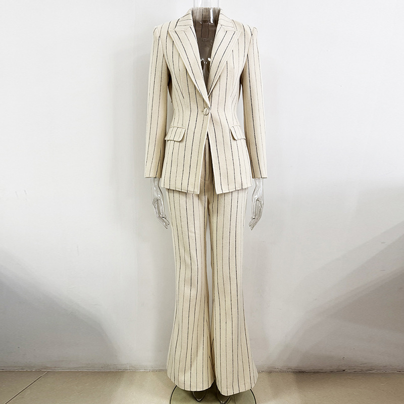 Elegant Pinstripe Women's Suit Set - Slim Fit Cream Blazer & High-Waisted Flare Trousers - Chic 2-Piece Office Wear & Professional Formal Suit for Women 3090