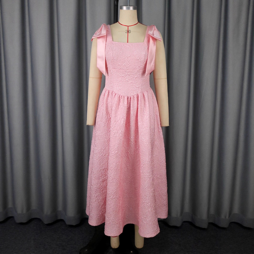 Plus-Sizes Chic Pink Jacquard Midi Dress with Shoulder Bows AM050553	-UGENA FASHION
