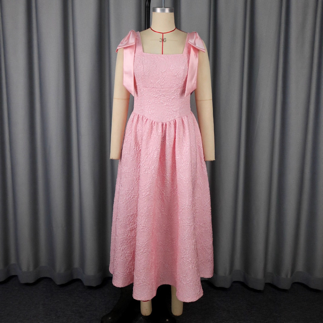 Plus-Sizes Chic Pink Jacquard Midi Dress with Shoulder Bows AM050553	-UGENA FASHION