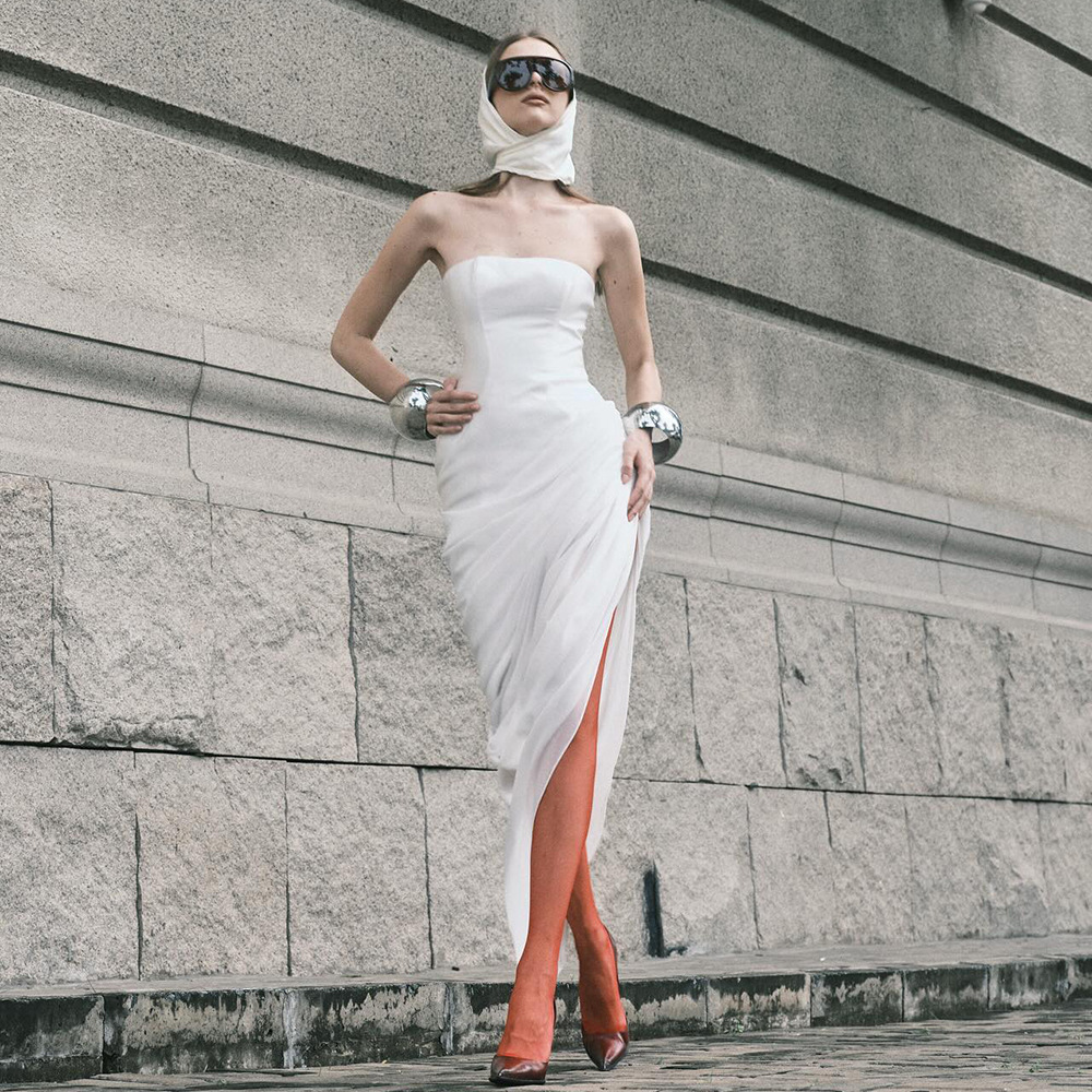 Luxurious White Corset Back Strapless Gown - Asymmetric Draped High Slit Maxi Dress for Modern Bridal & Event BD2670