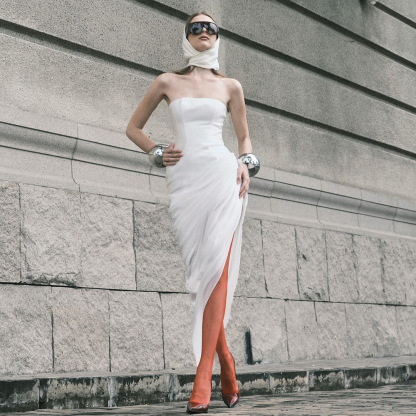 Luxurious White Corset Back Strapless Gown - Asymmetric Draped High Slit Maxi Dress for Modern Bridal & Event BD2670