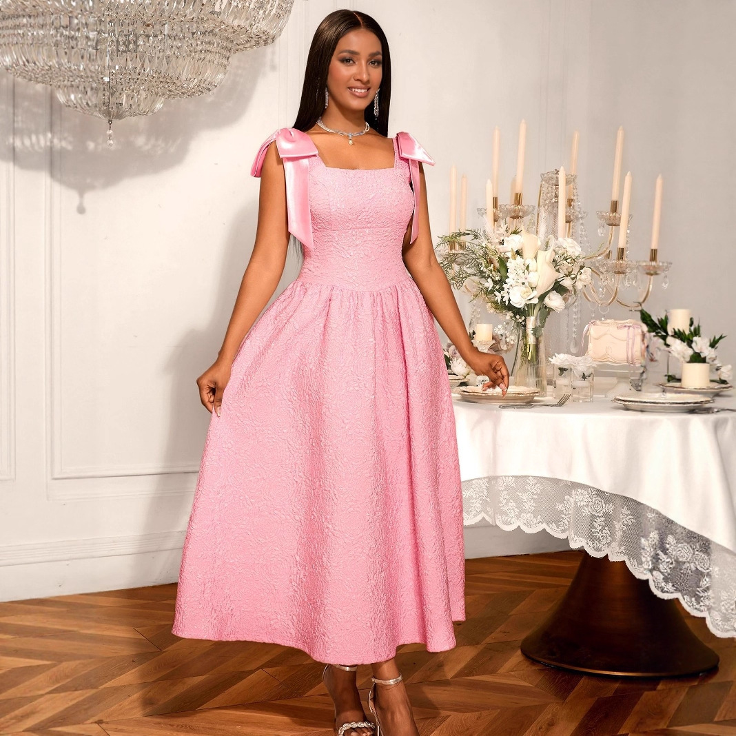 Plus-Sizes Chic Pink Jacquard Midi Dress with Shoulder Bows AM050553	-UGENA FASHION