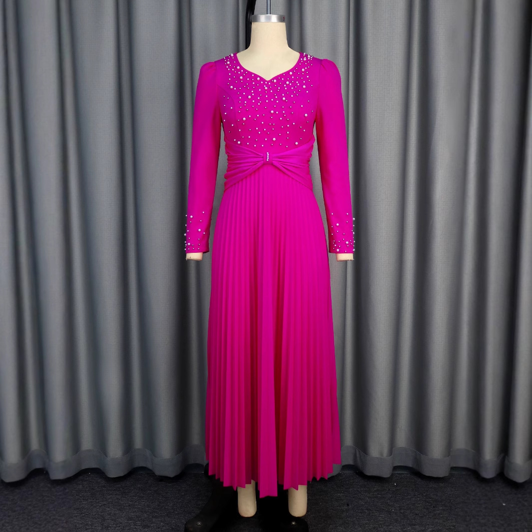 Plus-Sizes Long Sleeve Embellished Pleated Maxi Dress - Elegant V-Neck Gown for Formal Occasions AM050217	-UGENA FASHION