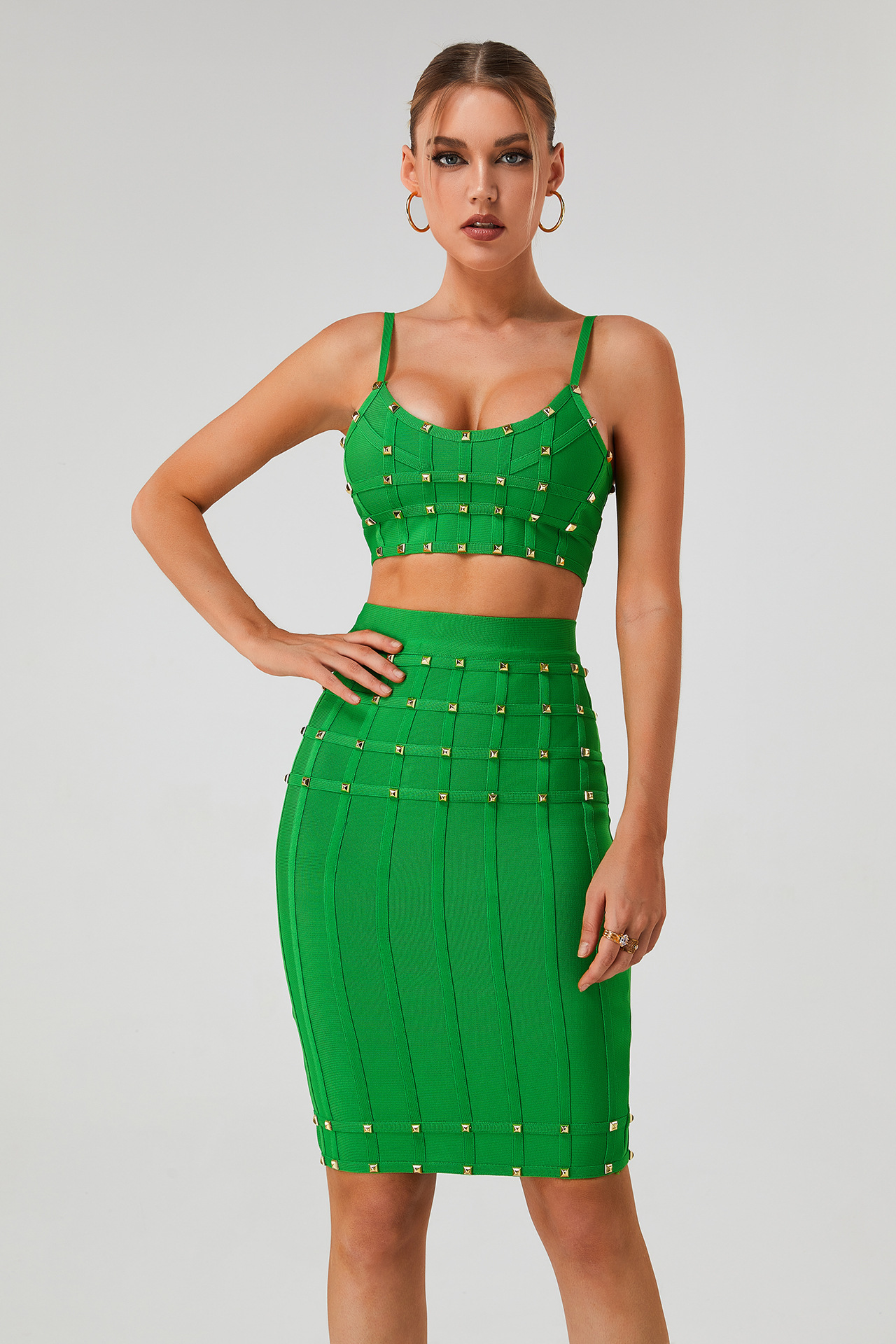 White & Gold Studded Bandage Crop Top & Midi Skirt Set - Two Piece Bodycon Clubwear BA363