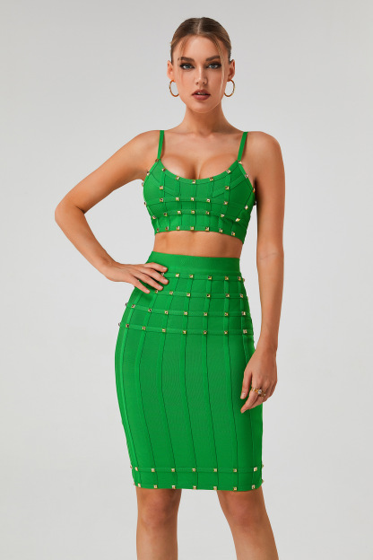 White & Gold Studded Bandage Crop Top & Midi Skirt Set - Two Piece Bodycon Clubwear BA363