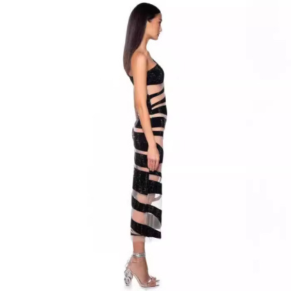 Avant-Garde One Shoulder Sequin Sheer Mesh Midi Dress | Sexy Bodycon Night Out Party Gown BA449