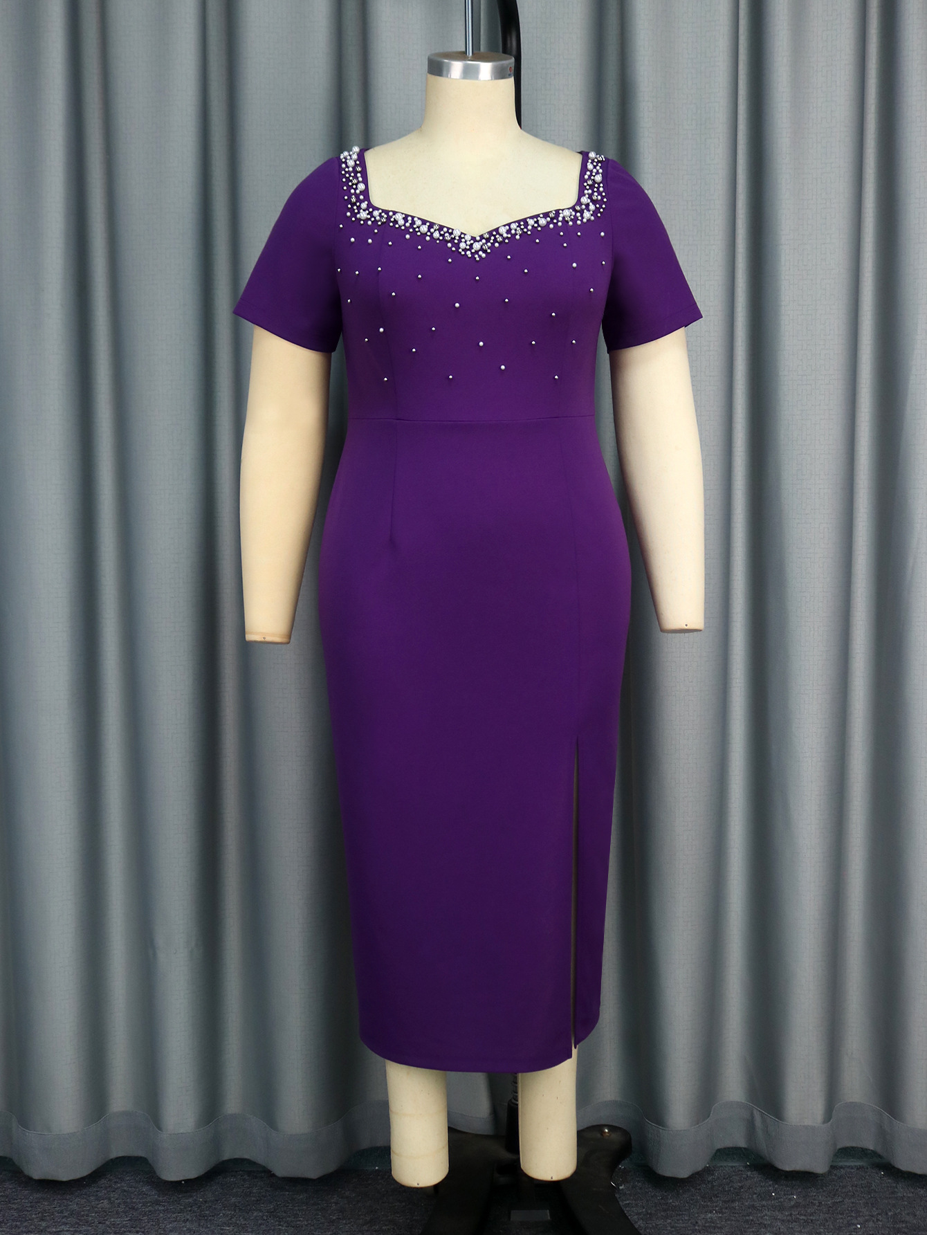 Plus-Sizes Rhinestone Embellished Purple  Midi Dress AM050104	-UGENA FASHION