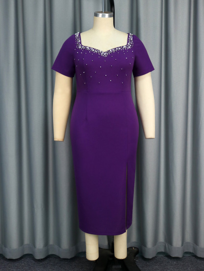 Plus-Sizes Rhinestone Embellished Purple  Midi Dress AM050104	-UGENA FASHION