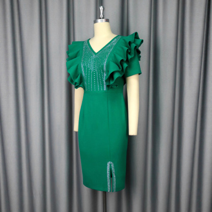 Plus-Sizes Elegant Ruffle Sleeve Rhinestone Bodycon Dress AM050516	-UGENA FASHION