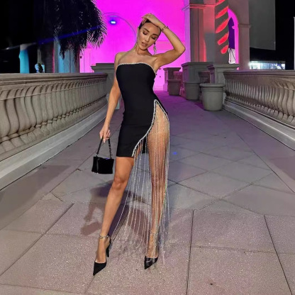 Black Rhinestone Fringe Bodycon Mini Dress - Strapless High-Slit Clubwear BA432