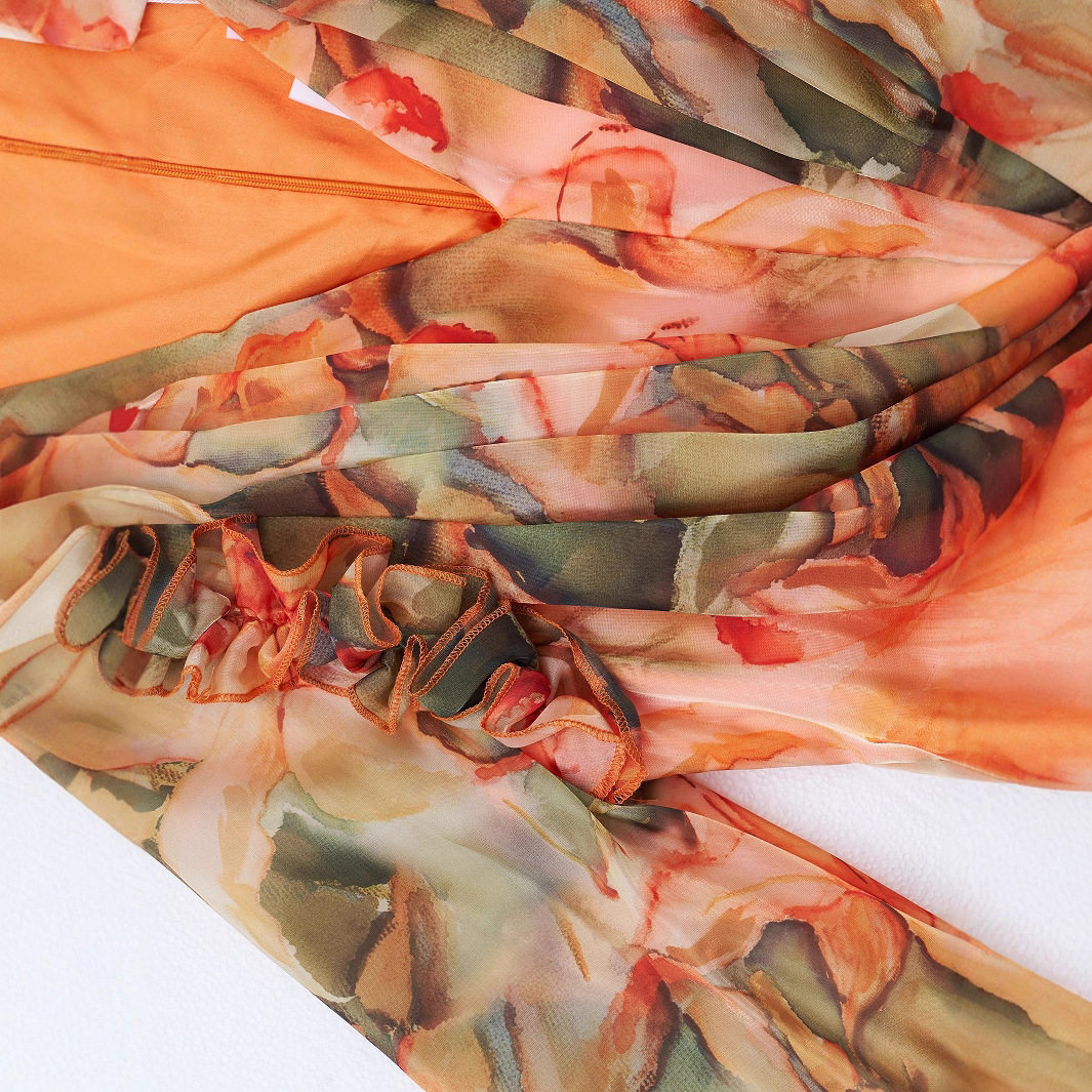 Terracotta Floral Chiffon Maxi Dress | Ruffle Shoulder V-Neck Gown with Tie-Waist Belt | Elegant Fall Wedding Guest & Resort Wear qc23