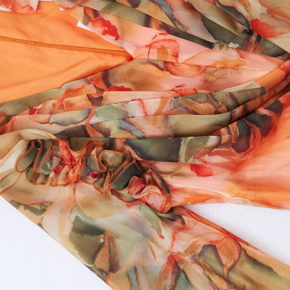 Terracotta Floral Chiffon Maxi Dress | Ruffle Shoulder V-Neck Gown with Tie-Waist Belt | Elegant Fall Wedding Guest & Resort Wear qc23