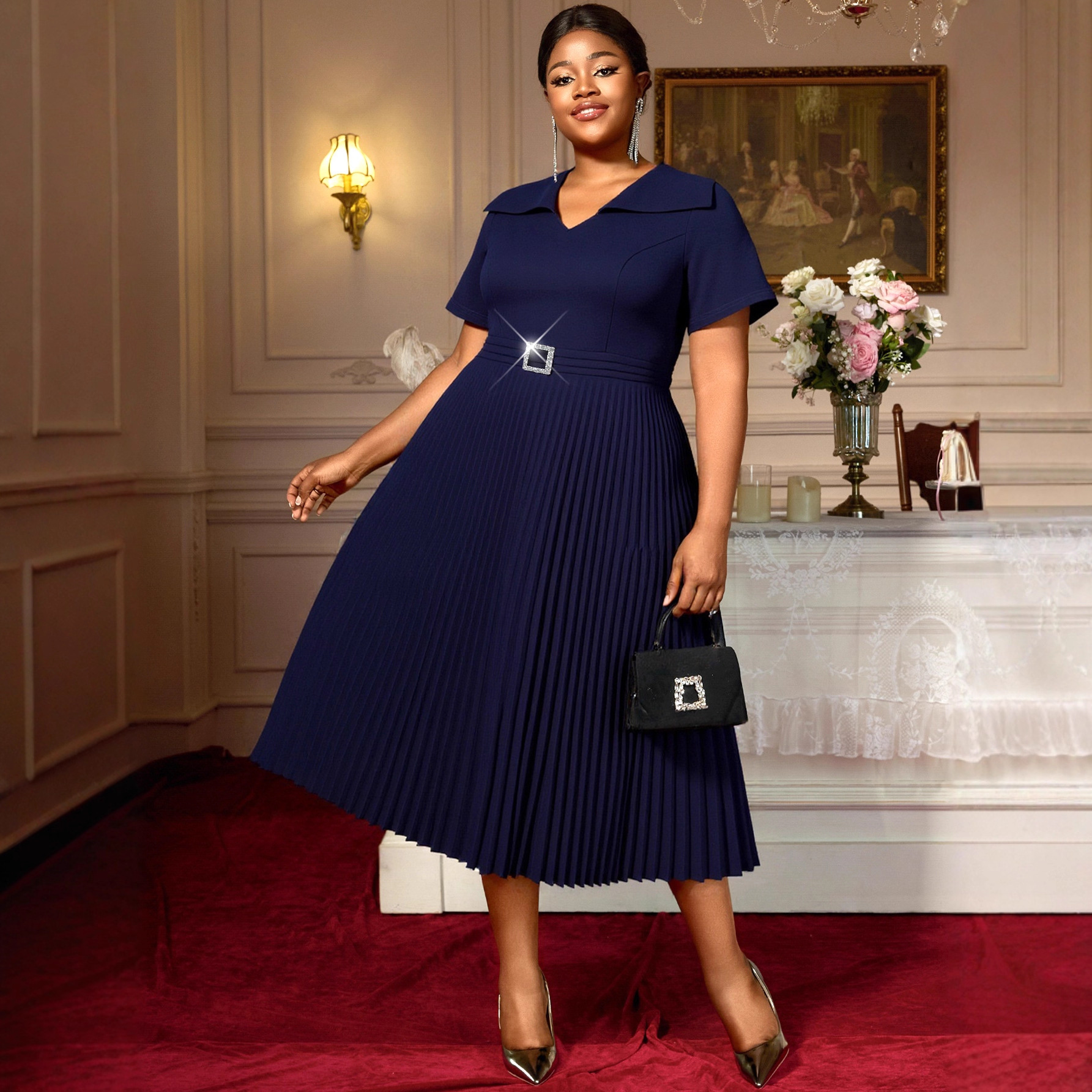Plus-Sizes Classic Navy Blue  Midi Dress with Pleated Skirt AM050527	-UGENA FASHION
