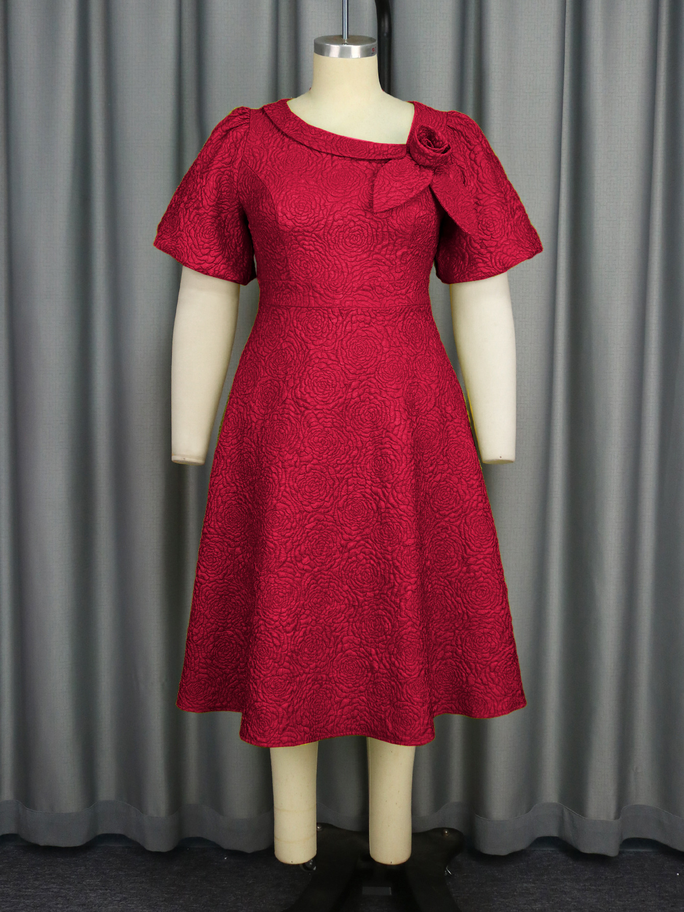 Plus-Sizes Elegant Jacquard Rose A-line Dress with Asymmetric Bow Neckline - Perfect for Wedding & Cocktail Parties AM040856	-UGENA FASHION