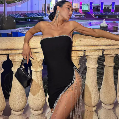 Black Rhinestone Fringe Bodycon Mini Dress - Strapless High-Slit Clubwear BA432