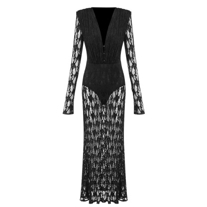 BD2668 Vintage-Inspired Black Lace Long Sleeve Evening Dress - Deep V Sheer Maxi Gown with Built-in Bodysuit BD2668