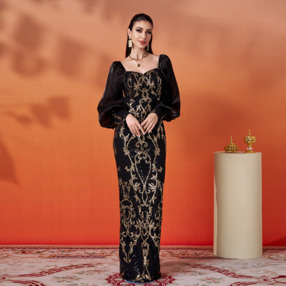 Luxury Black & Gold Sequin Mermaid Gown with Romantic Bishop Sleeves gm00759