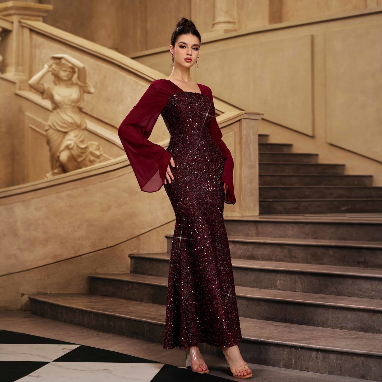 Luxury Burgundy Sequin Mermaid Gown - Elegant Square Neck Flared Sleeve Evening Dress gm01076