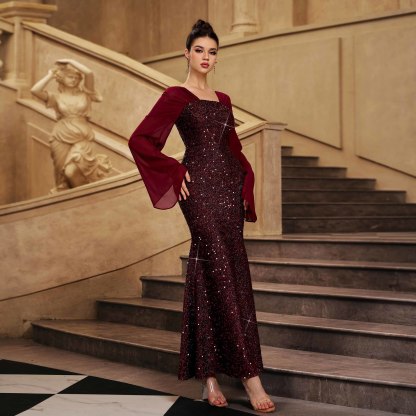 Luxury Burgundy Sequin Mermaid Gown - Elegant Square Neck Flared Sleeve Evening Dress gm01076