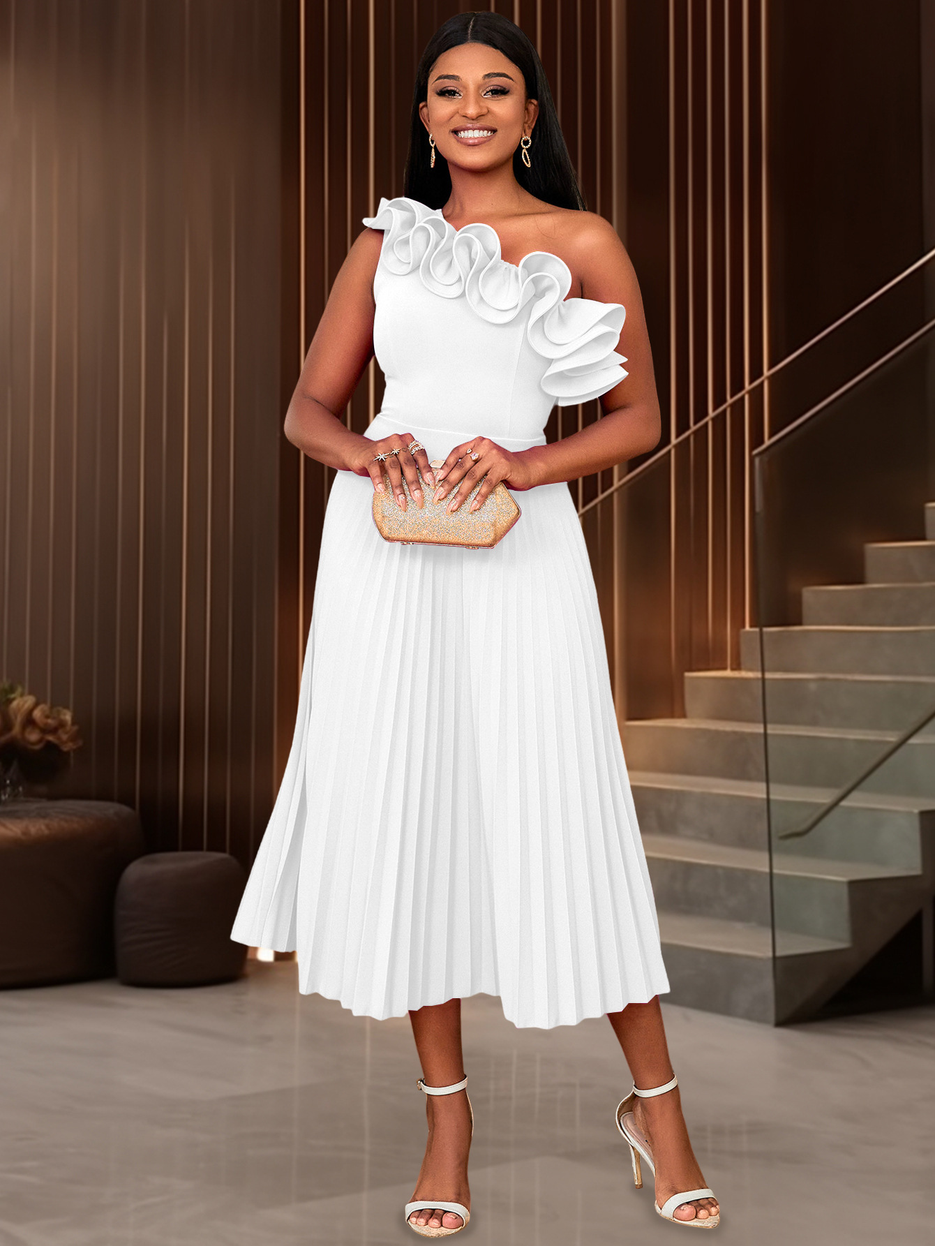 Plus-Sizes High Neck Sheath Pencil Dress with Asymmetrical Ruffle Skirt - Elegant Formal Business Gown AM030113	-UGENA FASHION