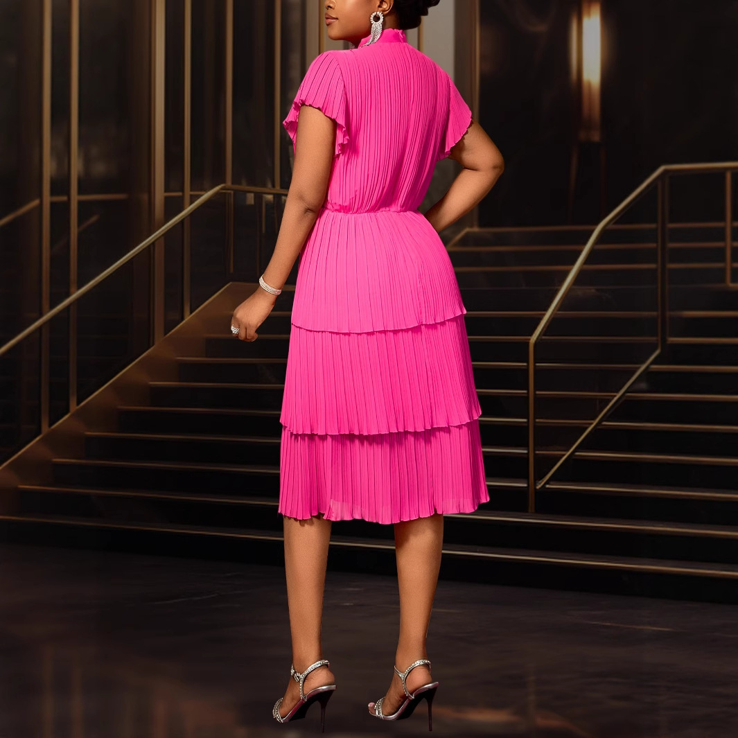 Plus-Sizes Women's Elegant Pink Pleated Tiered Midi Dress with Bow AM050410	-UGENA FASHION