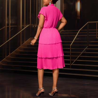 Plus-Sizes Women's Elegant Pink Pleated Tiered Midi Dress with Bow AM050410	-UGENA FASHION