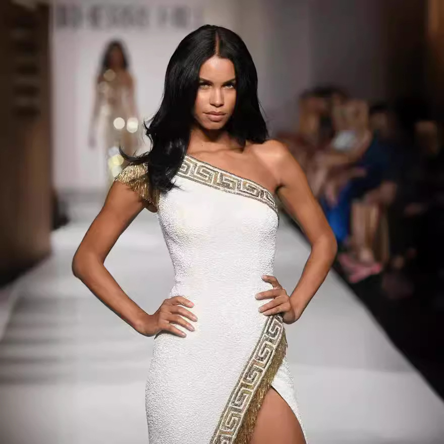 Elegant One-Shoulder Greek Key Trim Maxi Dress with Crystal Fringe Slit BA349