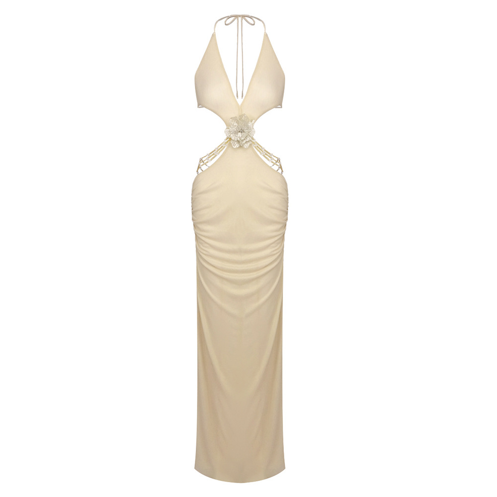 Champagne Gold Halter Cutout Maxi Dress - Deep V Backless Ruched Gown for Beach Wedding & Resort Party Z0015