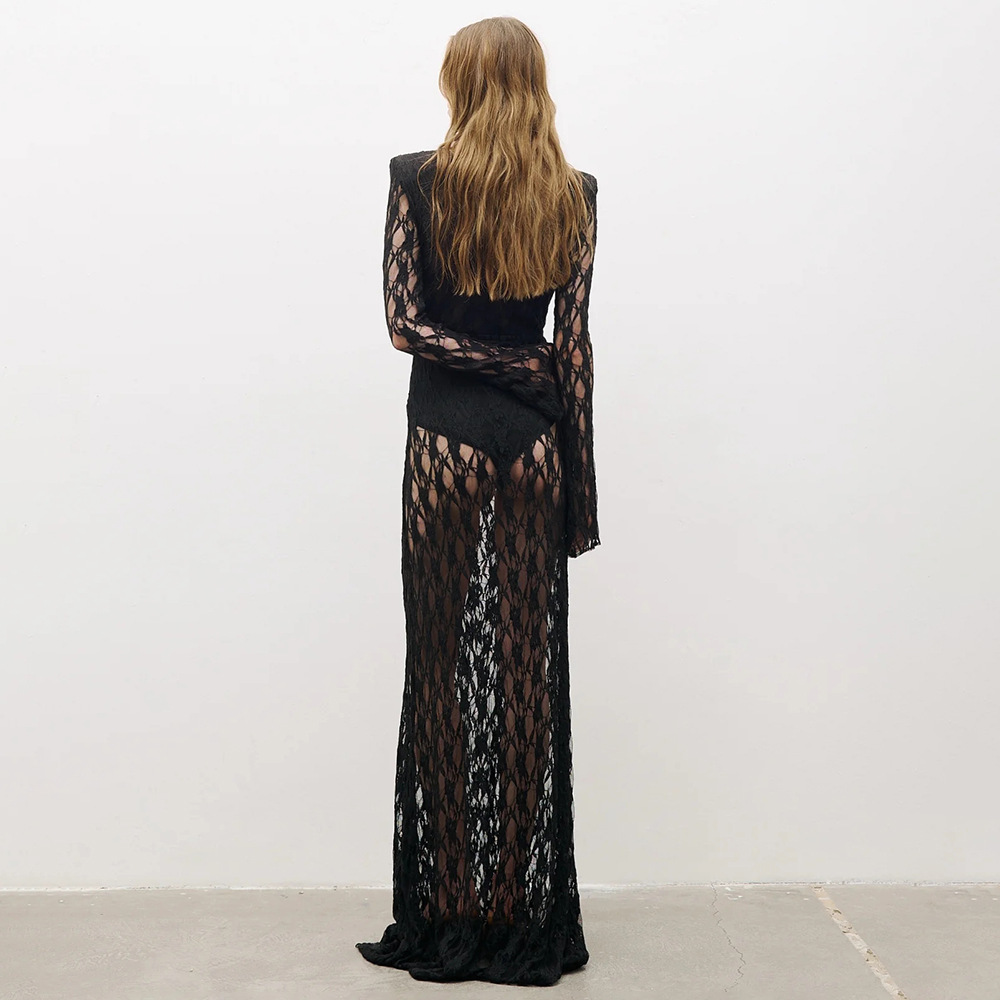 BD2668 Vintage-Inspired Black Lace Long Sleeve Evening Dress - Deep V Sheer Maxi Gown with Built-in Bodysuit BD2668