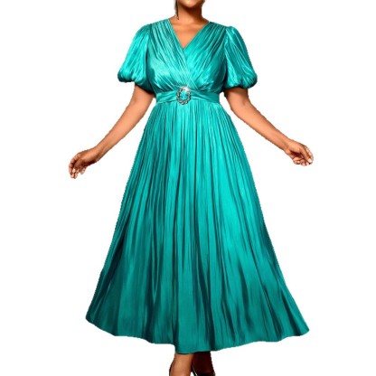 Plus-Sizes Glamorous V-Neck Metallic Pleated Maxi Dress with Buckle Belt - Puff Sleeve Elegant Party Gown AM050346	-UGENA FASHION