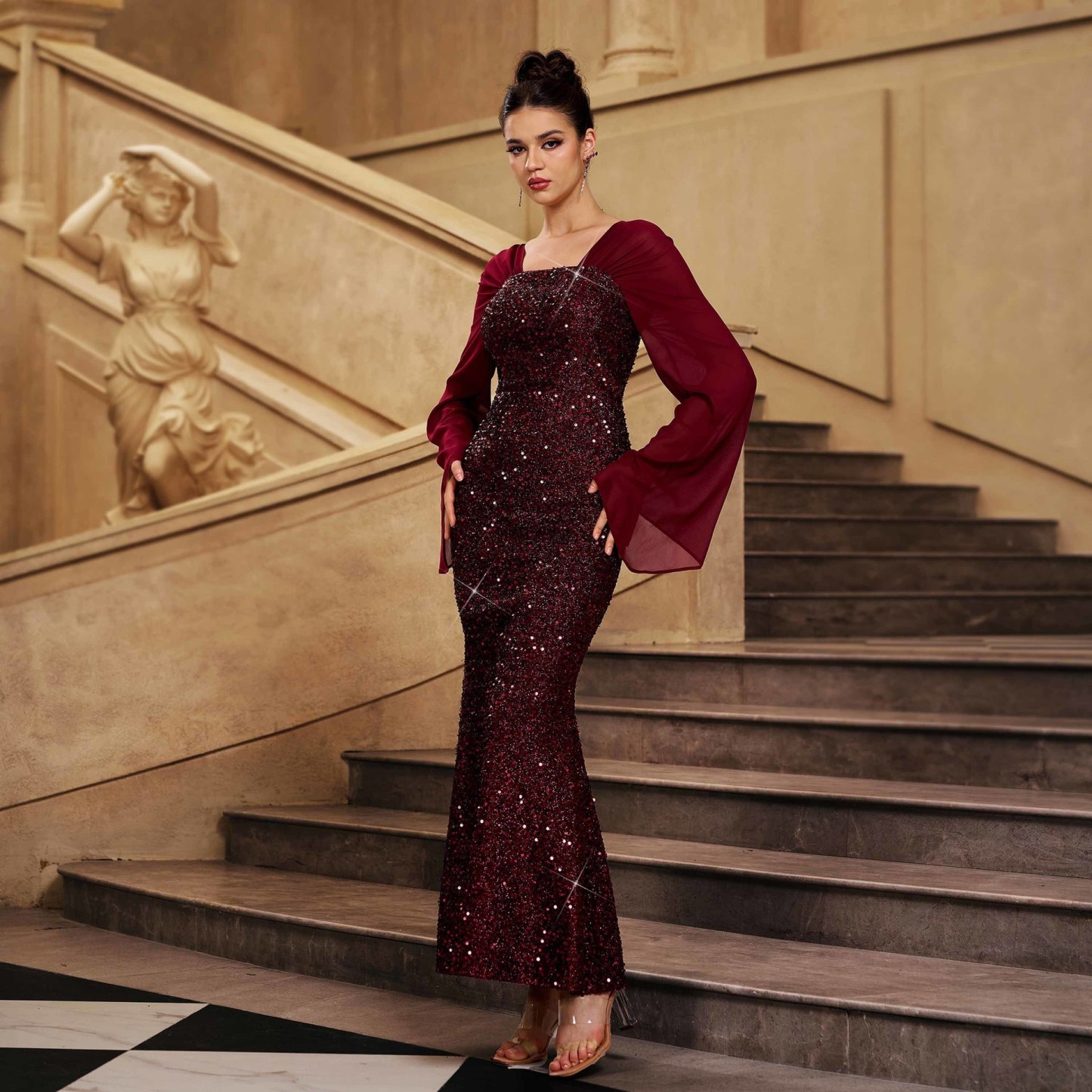 Luxury Burgundy Sequin Mermaid Gown - Elegant Square Neck Flared Sleeve Evening Dress gm01076
