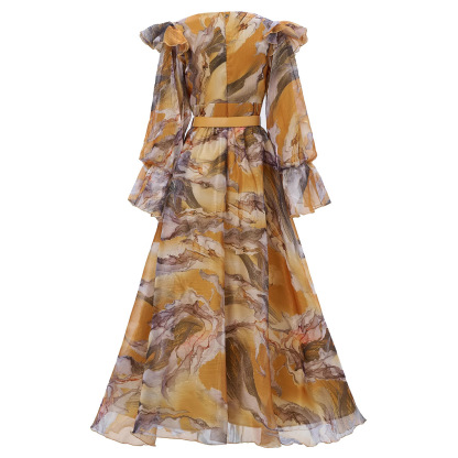 Maxi Chiffon Ruffle Dress with Belt | Yellow Marbled Print V-Neck Long Sleeve Flowy Boho Gown | Elegant Summer/Fall Occasion Wear for Women  qc17