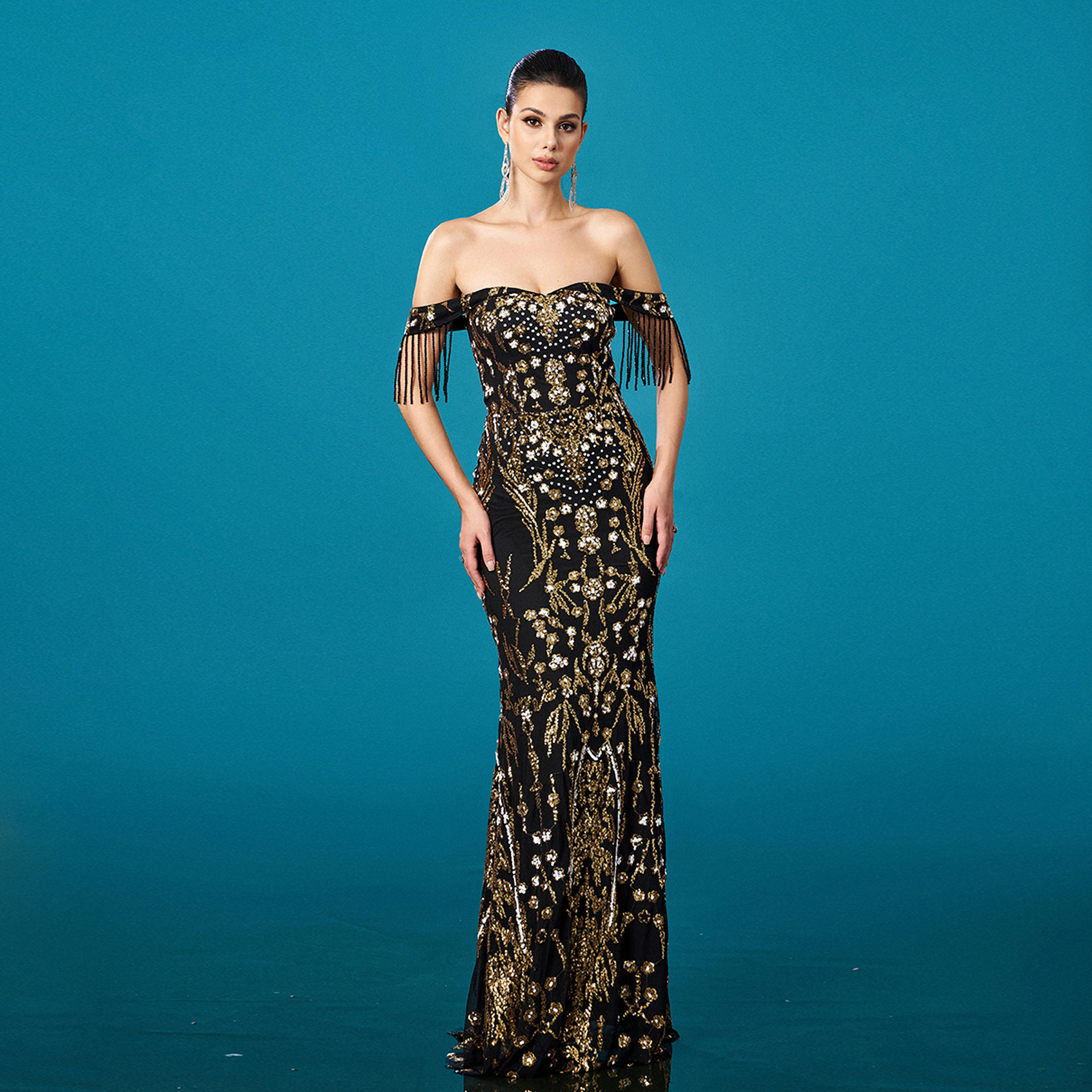 Luxury Black and Gold Sequin Off-Shoulder Mermaid Gown with Tassel Detail DH80448