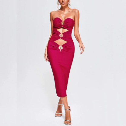 Fuchsia Pink Cutout Bandage Midi Dress with Gold Ring Details - Strapless Bodycon Party Dress BA359