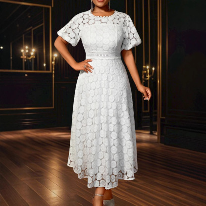 Plus-Sizes Elegant White Hollow-Out Lace Midi Dress - Perfect for Weddings, Receptions & Bridal Showers AM050348	-UGENA FASHION