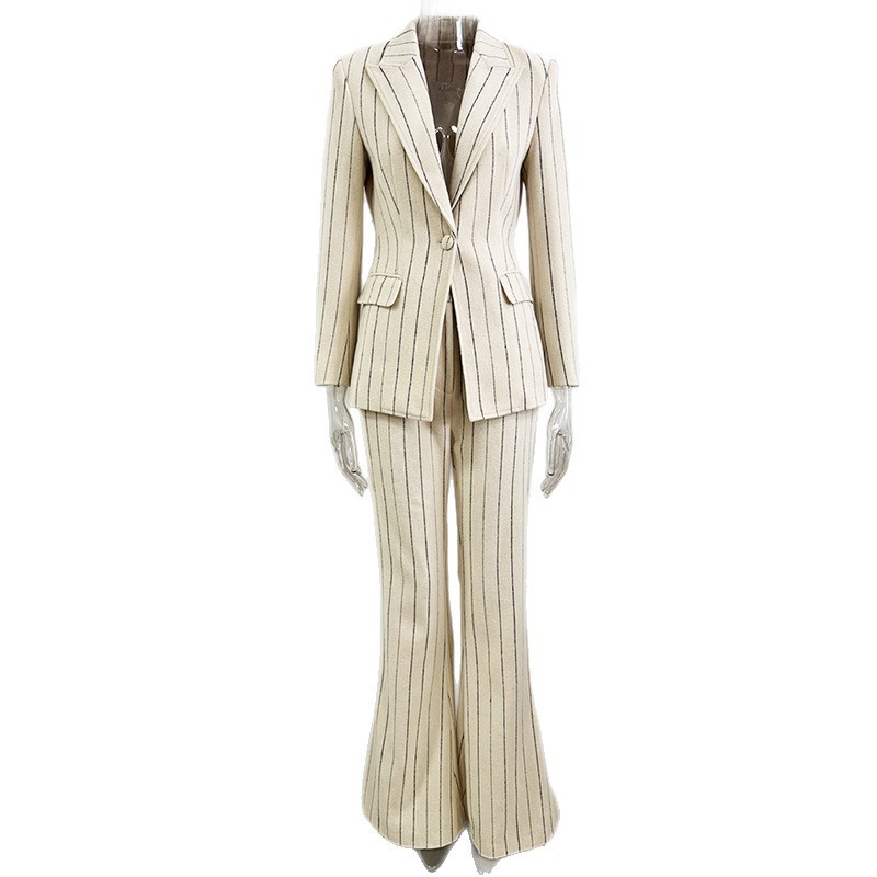 Elegant Pinstripe Women's Suit Set - Slim Fit Cream Blazer & High-Waisted Flare Trousers - Chic 2-Piece Office Wear & Professional Formal Suit for Women 3090