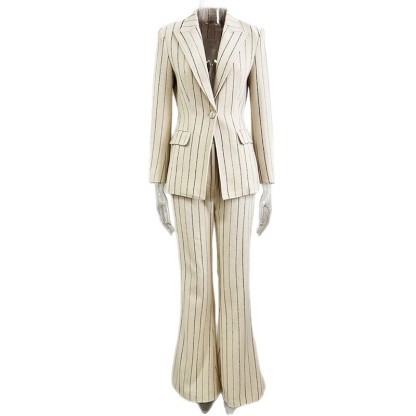 Elegant Pinstripe Women's Suit Set - Slim Fit Cream Blazer & High-Waisted Flare Trousers - Chic 2-Piece Office Wear & Professional Formal Suit for Women 3090