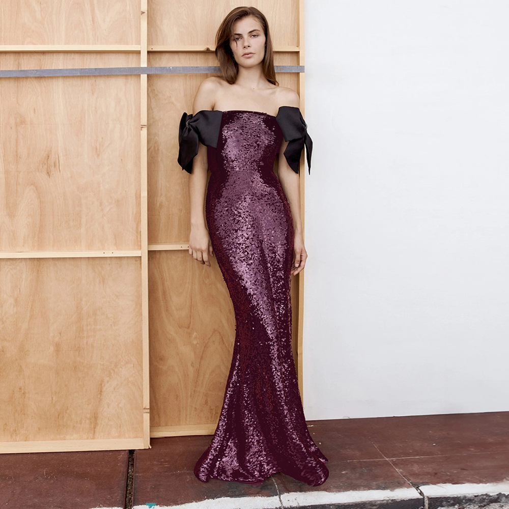 Elegant Wine Red Sequin Off-the-Shoulder Evening Gown - Formal Maxi Dress with Oversized Black Bow Sleeves for Gala & Prom Z0044