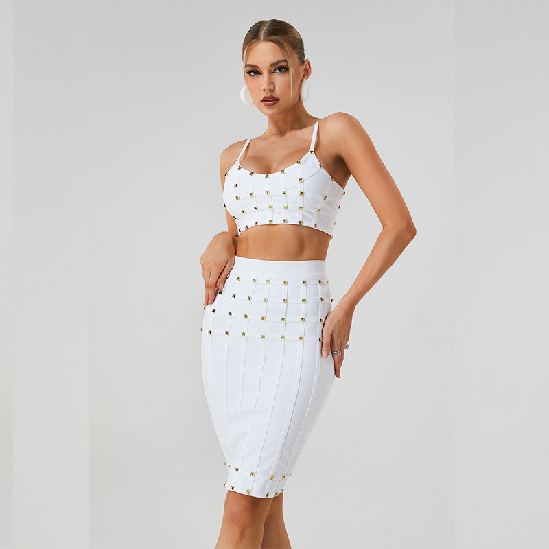 White & Gold Studded Bandage Crop Top & Midi Skirt Set - Two Piece Bodycon Clubwear BA363