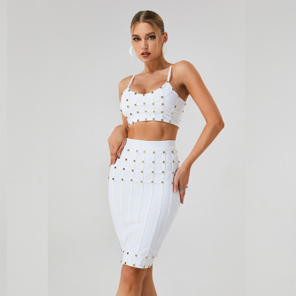 White & Gold Studded Bandage Crop Top & Midi Skirt Set - Two Piece Bodycon Clubwear BA363