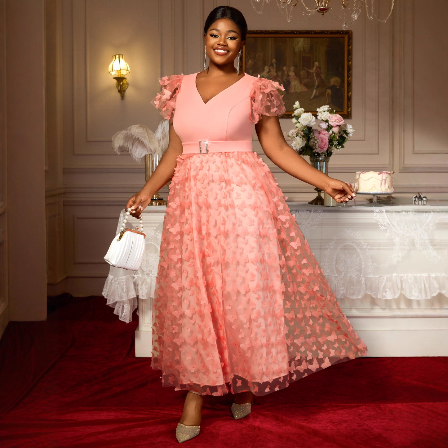 Plus-Sizes  Butterfly Appliqué V-Neck Mesh Dress with Short Sleeves AM050509	-UGENA FASHION