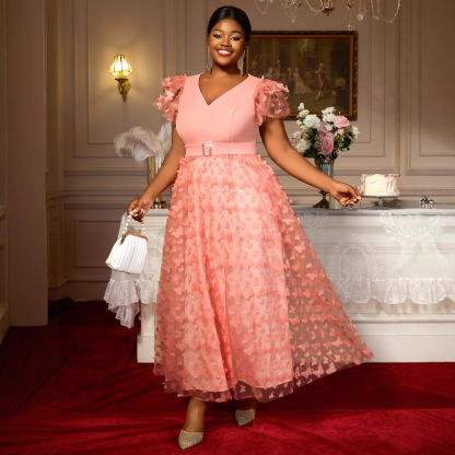 Plus-Sizes  Butterfly Appliqué V-Neck Mesh Dress with Short Sleeves AM050509	-UGENA FASHION