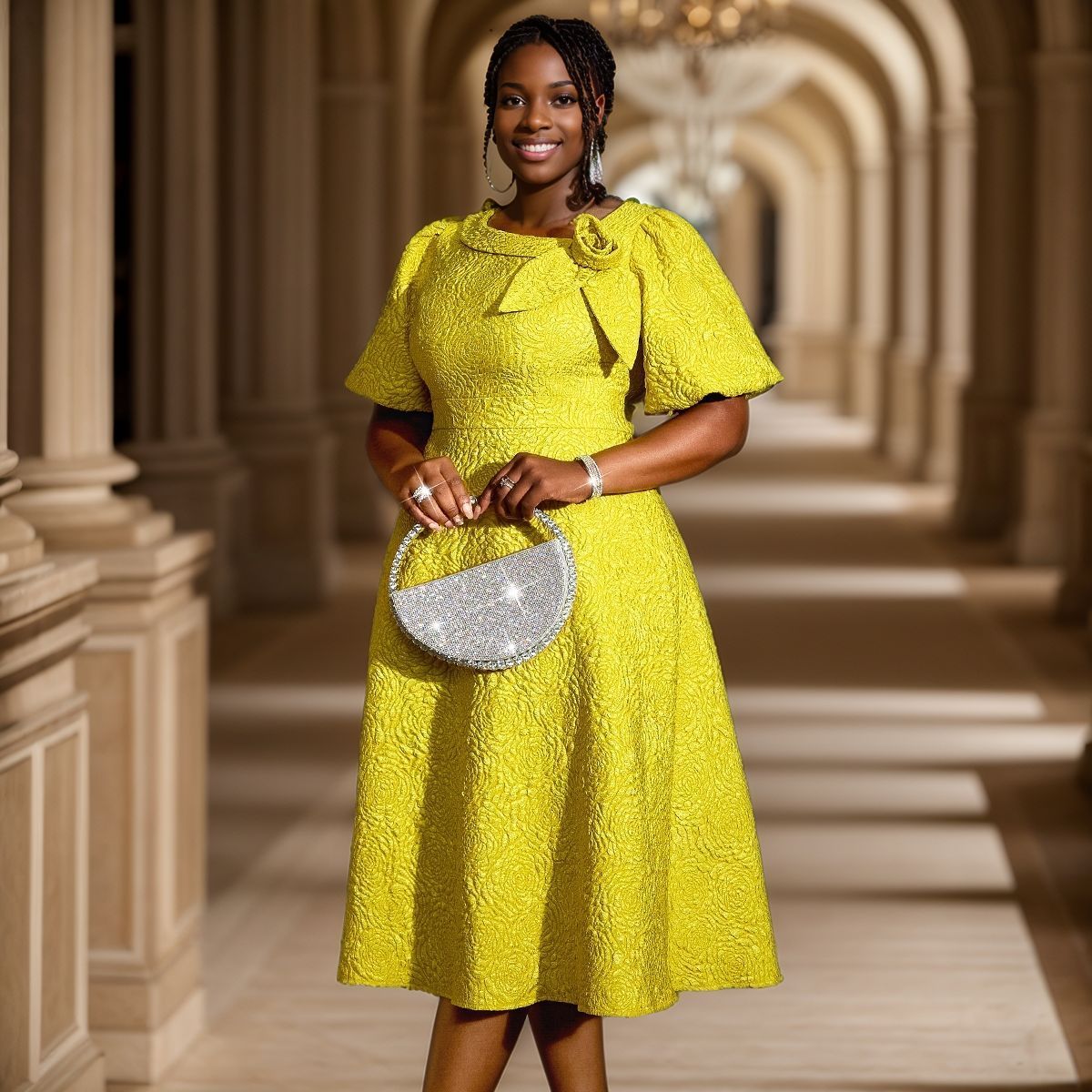 Plus-Sizes Elegant Jacquard Rose A-line Dress with Asymmetric Bow Neckline - Perfect for Wedding & Cocktail Parties AM040856	-UGENA FASHION