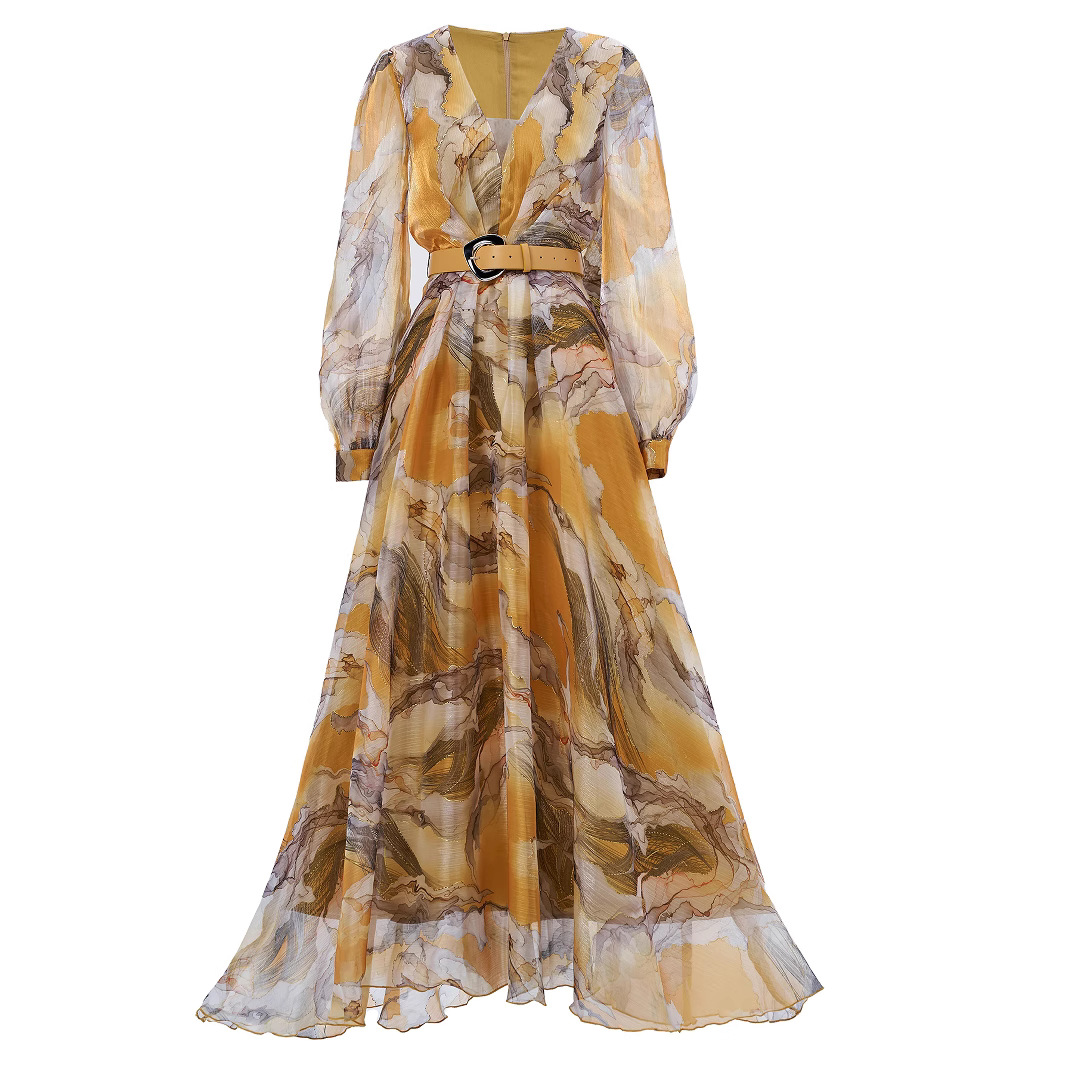 Marbled Print Chiffon Maxi Dress with Belt | Yellow V-Neck Balloon Long Sleeve Flowy Gown | Elegant Summer/Formal Occasion Wear qc18