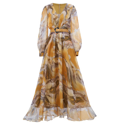 Marbled Print Chiffon Maxi Dress with Belt | Yellow V-Neck Balloon Long Sleeve Flowy Gown | Elegant Summer/Formal Occasion Wear qc18