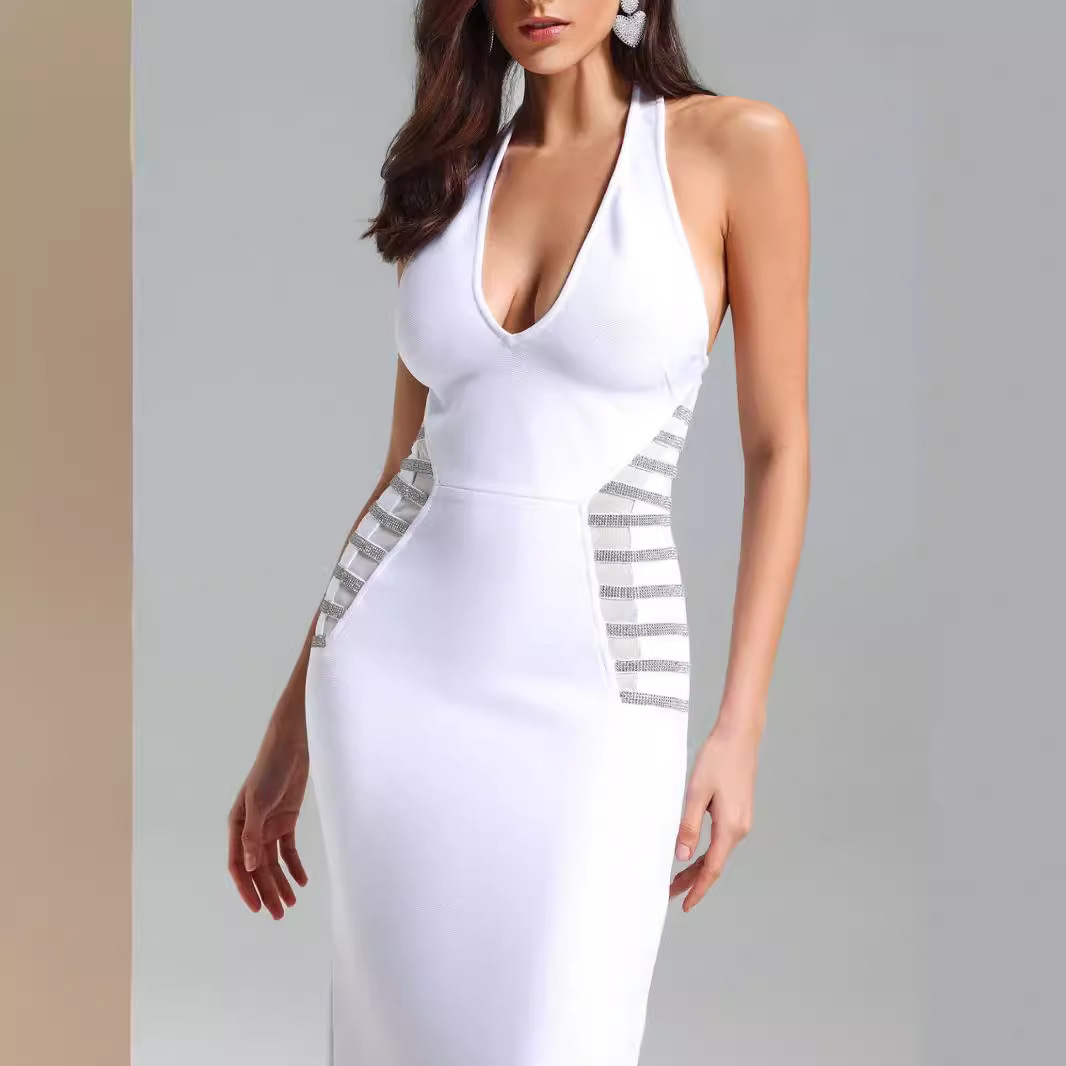 Elegant White Prom Dress: Halter Neck Sequin Mesh Evening Gown BA447
