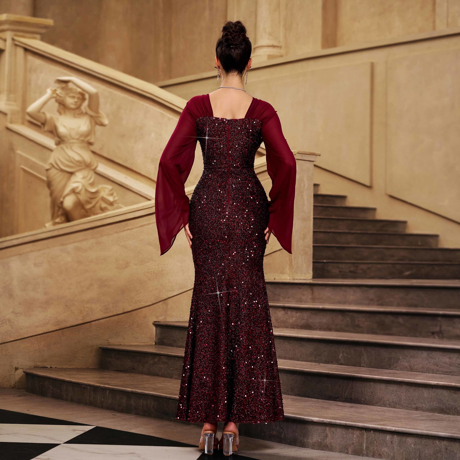 Luxury Burgundy Sequin Mermaid Gown - Elegant Square Neck Flared Sleeve Evening Dress gm01076