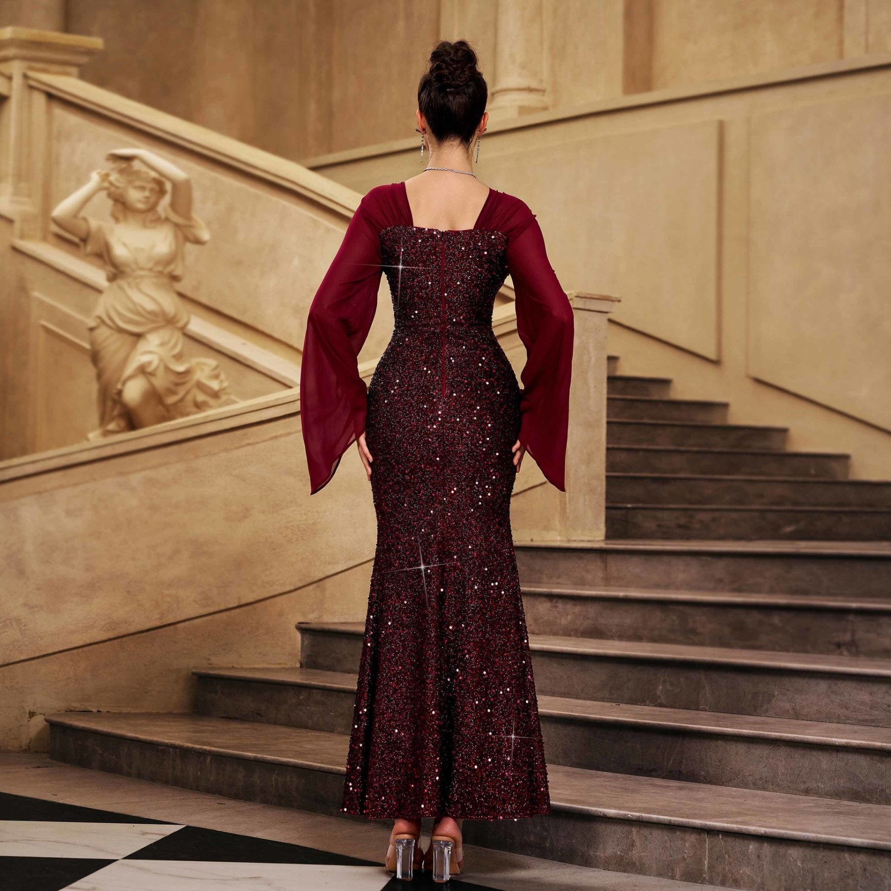 Luxury Burgundy Sequin Mermaid Gown - Elegant Square Neck Flared Sleeve Evening Dress gm01076